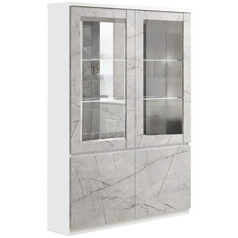 DEYTON - Vitrine 4 Portes Laquée Blanc et Gris Marbré avec Leds
