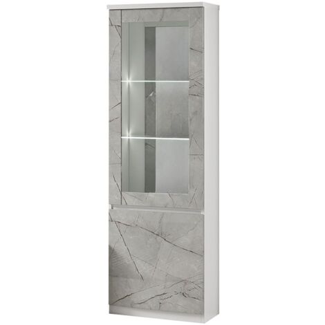 DEYTON - Vitrine Gauche Laquée Blanc et Gris Marbré avec Leds