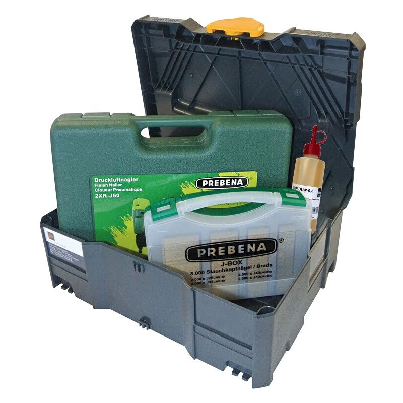 Promotion DF-Set d'économie cloueur pneumatique Prebena 2XR-J50 + J-Box + Systainer + huile spéciale pour outils pneumatiques