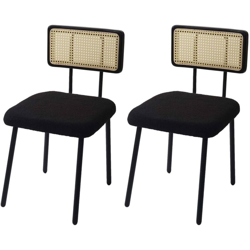 Mendler - Lot de 2 chaises de salle à manger HWC-K88 - fauteuil chaise - bois poly rotin métal bouclé - tissu/textile noir