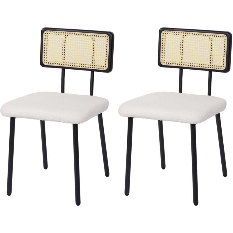 Mendler - Lot de 2 chaises de salle à manger HWC-K88 - fauteuil chaise - bois poly rotin métal bouclé - tissu/textile blanc