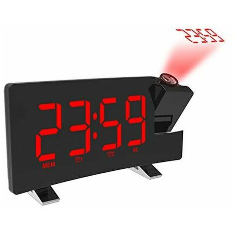 DHKLFA Réveil à Projection, Réveil Numérique FM Radio FM à écran Incurvé/Projection de l'heure/Projecteur Ajustable/Snooze/Double Alarme/Port de Chargeur USB/12/24 Heures/Variateur (Rouge)