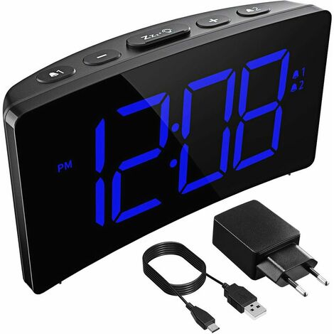 DHKLFA Réveil Numérique, Réveil Digitale 13cm LED Ecran Incurvé, Opération Simple 3 Sons d'Alarme, Fonction Snooze, 5 Luminosité Variable et 2 Volume Ajustable ,(Bleu)