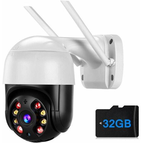 DHKLFA Système de caméra extérieure de sécurité PTZ Caméra de surveillance WiFi sans fil 3MP Pan Tilt Zoom, Caméras de surveillance étanches à domicile Caméra IP avec audio bidirectionnel/carte SD 32G/Veilleuse couleur et détection de mouvement