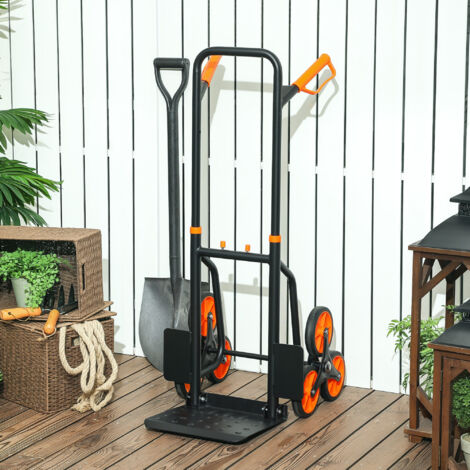 Diable d'escalier pliable 120 kg 6 roues. diable demenagement en acier avec cordes télescopiques. 44x38x106.5cm. orange