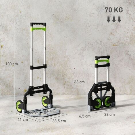 Diable Pliable avec Poignée Réglable, Roues Pivotantes, Gris et Vert, Capacité 70 Kg