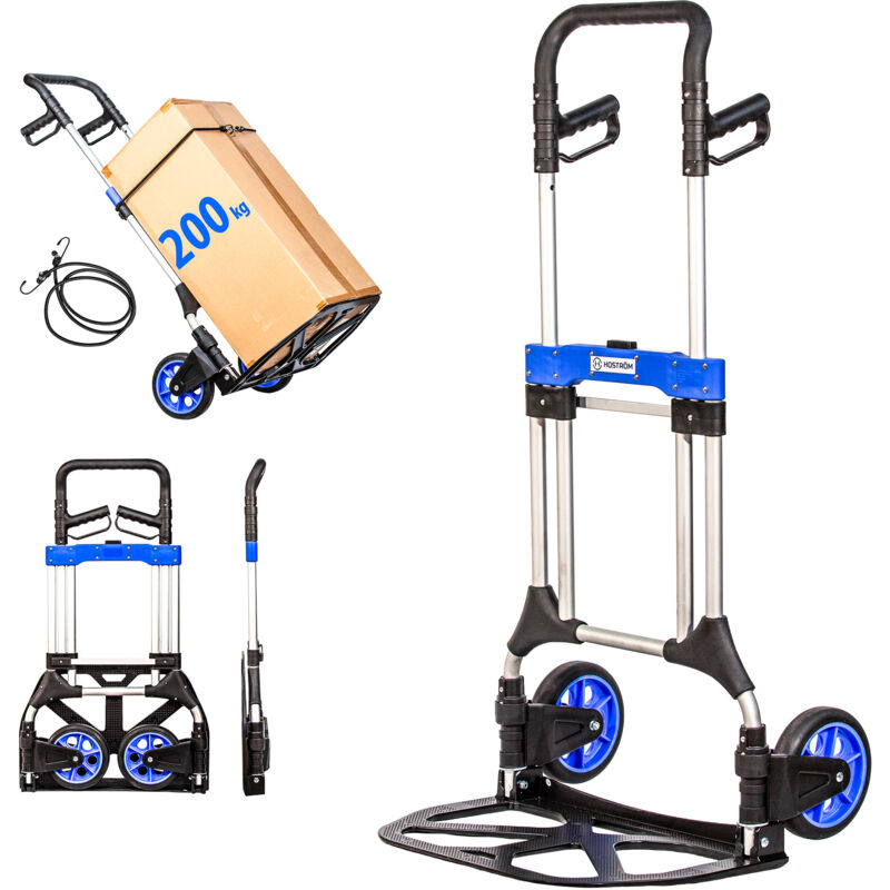 Diable pliant Aluminium pour Charge Lourde, Diable pliable Demenagement, Transport matériau, Grandes Roues, Charge Max. 200kg, Garantie 5 ans, Hostrom