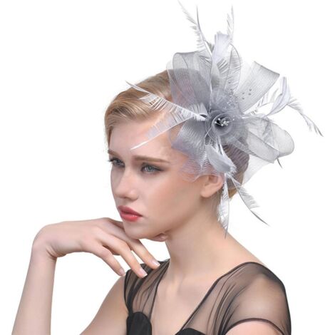 Diadème de plumes pour banquet, chapeau diadème de plumes, accessoires de coiffure de mariage, élégante épingle à cheveux ronde pour banquet de mariage, grise