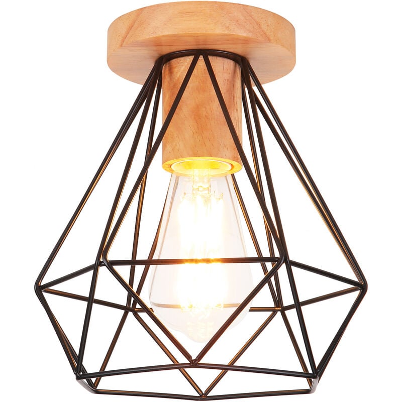 Diamant Plafonnier Luminaire en Bois Lampe Plafond Vintage Rétro Industrielle Noir