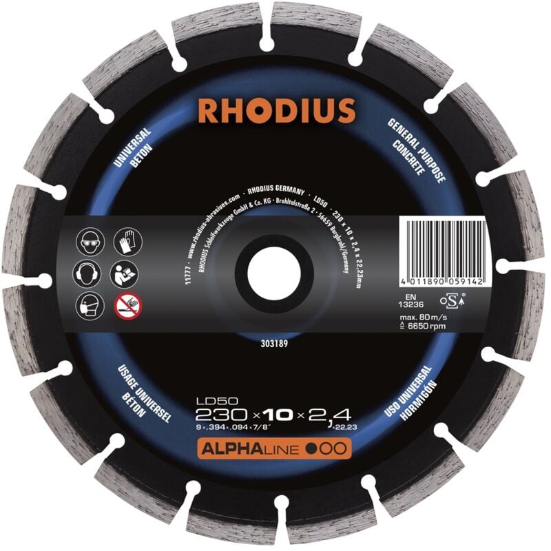 Rhodius - Disco da taglio diamantato - alphaline - LD50 - 230 x 10 x 2,4 x 22,23 mm