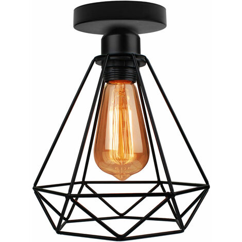 Diamond Hanging Pendant Light, Industrial Ceiling Lamp with Metal Cage Lampshade, Retro Black Chanderlier for Kitchen Island Dining Room (Ø20cm)
