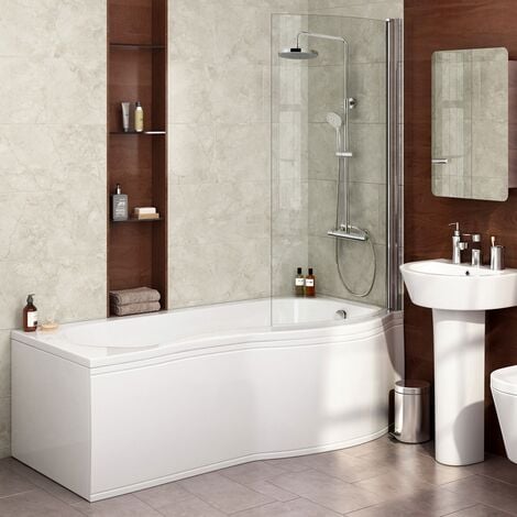 Diamond P Shaped Shower Bath - 1700mm with Screen & Front + End Panel - Right Hand