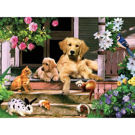 Diamond painting strass complet,peinture numéro adulte，Point de Croix Diamant Complet Famille de chien Artisanal sur Tissu en Toile idéal pour la décoration à la Maison/Salon/Chambre/Bureau 40x30cm
