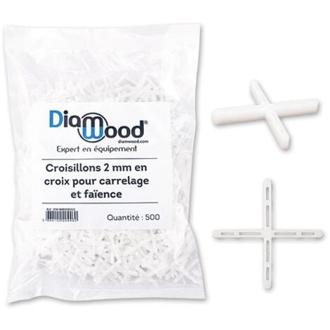 Diamwood Croisillons 2 mm en Croix pour Carrelage et Faïence - 500 pcs - Longueur 27 mm, Largeur 2 mm, Hauteur 3 mm - Épaisseur 2 mm - Plastique - Parfait pour un joint parallèle durable