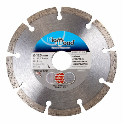 Diamwood – Disque diamant 125 mm pour béton et parpaing – Alésage 22,23 mm – Hauteur segments 7 mm – Découpe à sec ou à eau