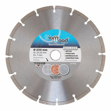 Diamwood – Disque diamant 230 mm – Alésage 22,23 mm – Coupe béton et parpaing – Pour meuleuse et disqueuse – Découpe nette et rapide