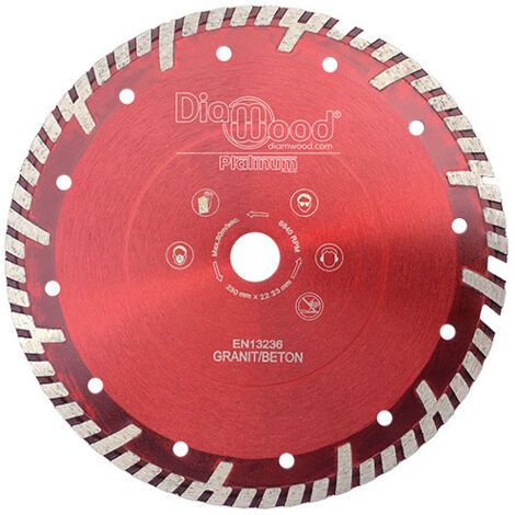 Diamwood Disque Diamant Turbo Cannelé HPT - D. 230 mm - 230 x 22,23 x 10 mm - Épaisseur 2,6 mm - Jante continue - Coupe précise et rapide sur Granit et Béton Armé