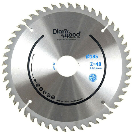 Diamwood – Lame de scie circulaire 185 mm – 48 dents alternées pour bois tendre et exotique – Alésage 30/25,4/20/19/16/15,9 mm – Épaisseur 2,2 mm
