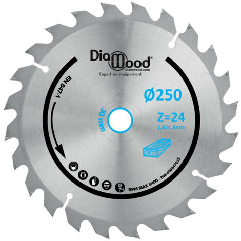 Diamwood – Lame de scie circulaire 250mm – Alésage 30mm – 24 dents – Pour bois tendre et exotique – Denture alternée 10° – Épaisseur 2,8mm
