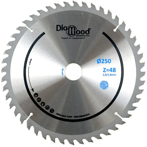 Diamwood – Lame de scie circulaire 250 mm – 48 dents alternées positives – Alésage 30/25,4/20/19/16/15,9 mm – Pour bois tendre et exotique – Épaisseur 2,8/1,8 mm