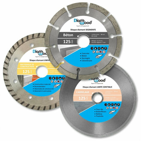 Diamwood – Lot de 3 disques diamant 125 mm – Alésage 22,23 mm – Segments 7/7/5 mm – Coupe béton, carrelage, pierre, faïence, granite