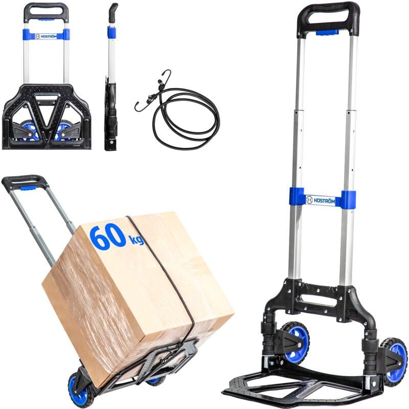 Diable pliant en Aluminium, 2 Roues Diable pliable Demenagement et Transport de matériau, compact, léger, Charge Max. 60kg, Garantie 5 ans, Hostrom