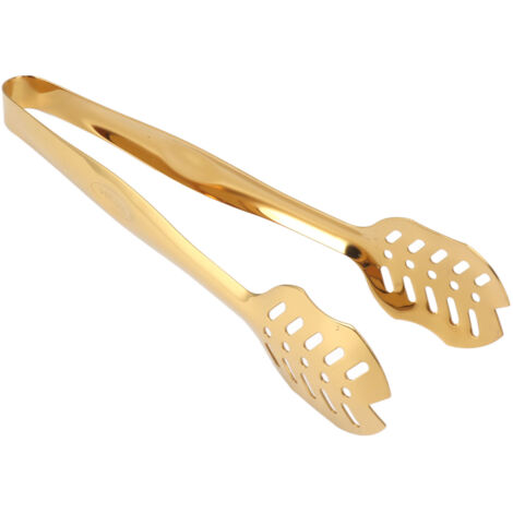Dicke, durchbrochene Servierzange aus lebensmittelechtem Edelstahl für Buffets, Küchen, Grillabende und Partys mit Goldfinish.