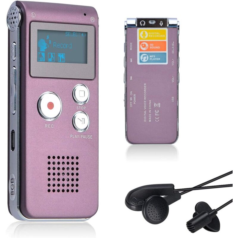 Dictaphone Enregistreur Vocal Numérique 8GO Portable, Lecteur MP3 Audio à Double Microphone pour Conférences/Réunions/Entretiens/et Cours (Rouge)
