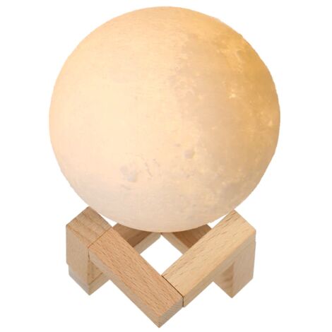 Die Luna-Nachtleuchte aus 3D-gedrucktem, wiederaufladbarem PLA hat einen Durchmesser von 10 cm, einen Holzsockel und zwei per Berührungssensor einstellbare Lichtfarben. Ideal zur Dekoration eines Schl