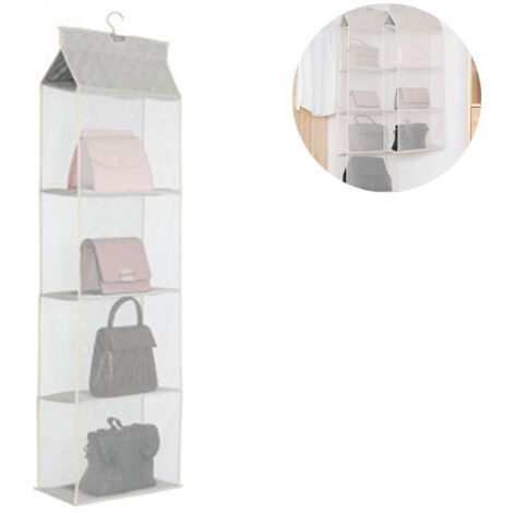 Dieser hängende, abnehmbare Handtaschenorganizer ist ideal für Kleiderschränke. Er verfügt über vier Ablagen zur optimalen Raumnutzung und bietet Platz für Handtaschen und Geldbörsen.