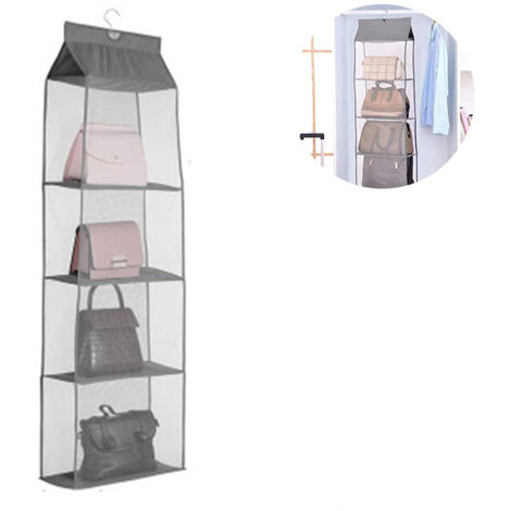 Dieser hängende, abnehmbare Handtaschenorganizer ist ideal für Kleiderschränke. Er verfügt über vier Ablagen zur optimalen Raumnutzung und bietet Platz für Handtaschen und Geldbörsen.