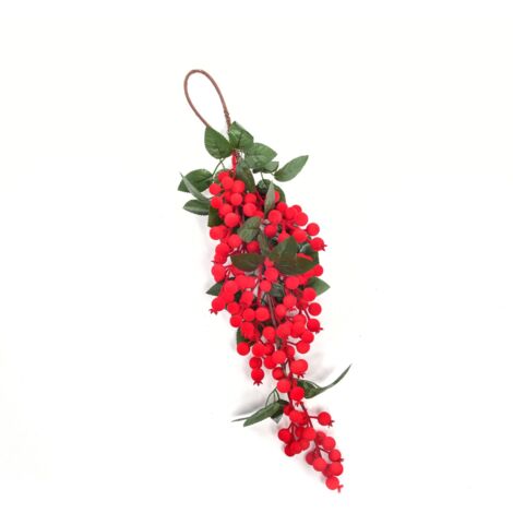 Dietroporta natalizio floccato con bacche colore rosso da appendere h 58 cm