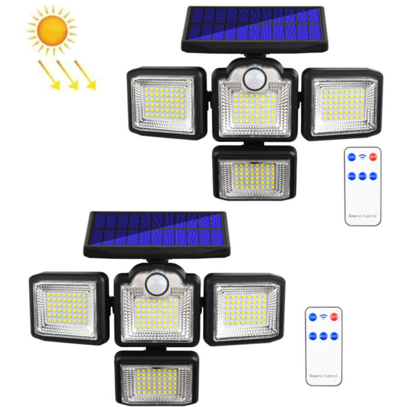 2 luces solares de seguridad: sensor de movimiento, luz exterior, reflector LED impermeable con control remoto