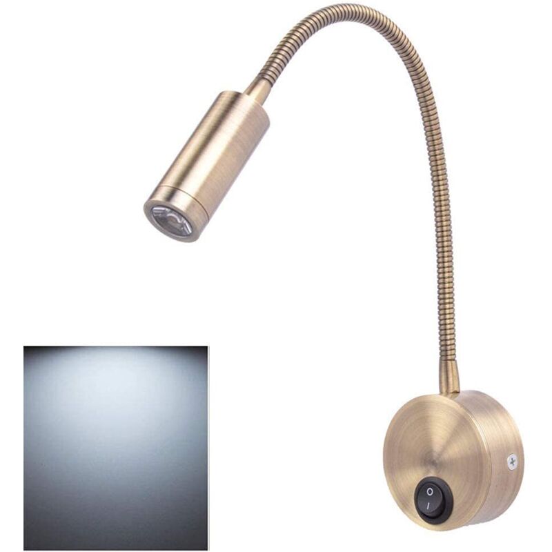 Bedside lamp with switch at the base, flexible wall-mounted reading lamp, European-style LED spotlight, white light, 3W, 6000K