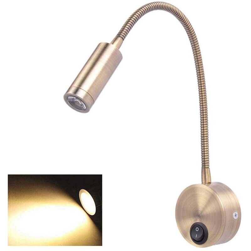 Minimalist LED reading lamp for bed with switch, flexible 3W wall lamp, warm light, 3000K