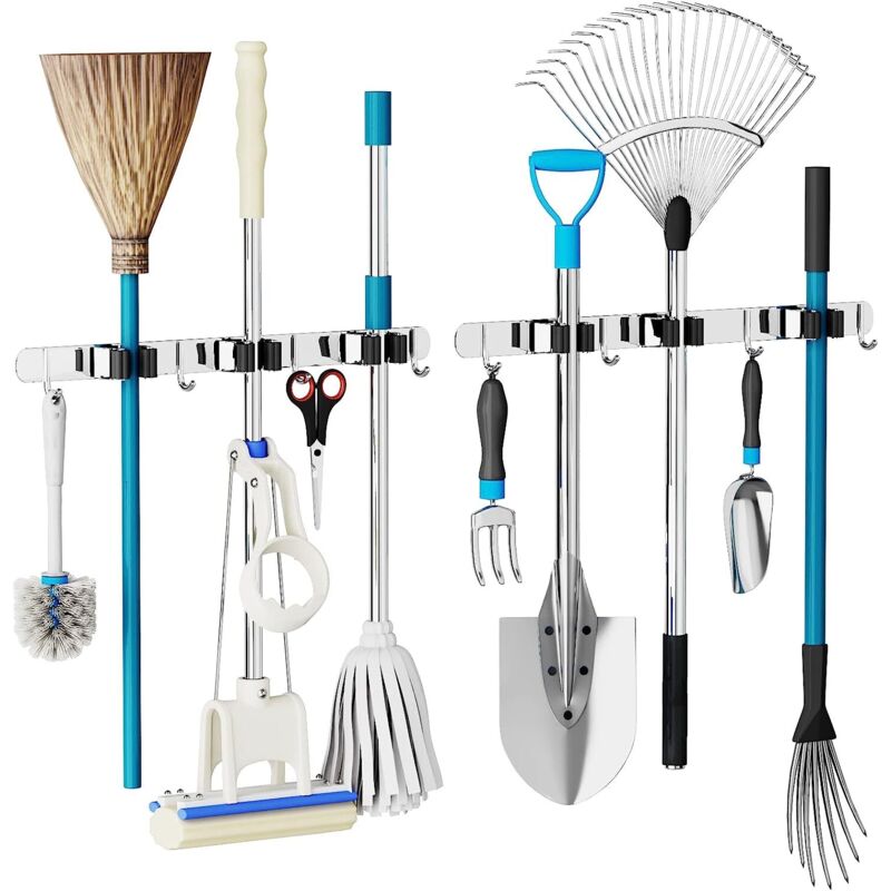 Paquete de 2 soportes para fregona y escoba montados en la pared, organizador de herramientas de jardín, estante de almacenamiento de suministros de