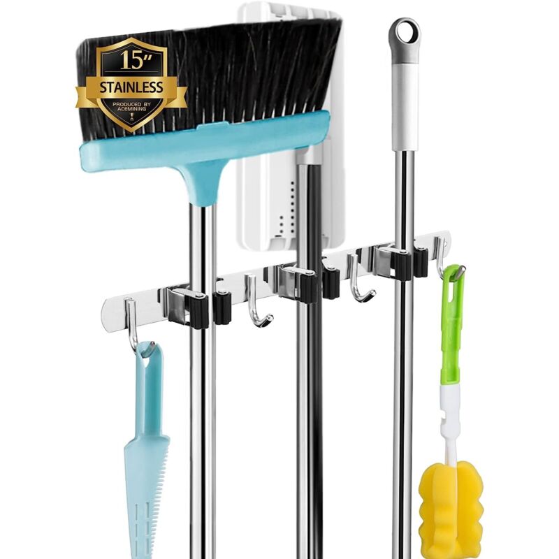 3 estantes y 4 ganchos para almacenamiento de escobas y fregonas montados en la pared, ganchos de acero inoxidable resistentes para el hogar y la