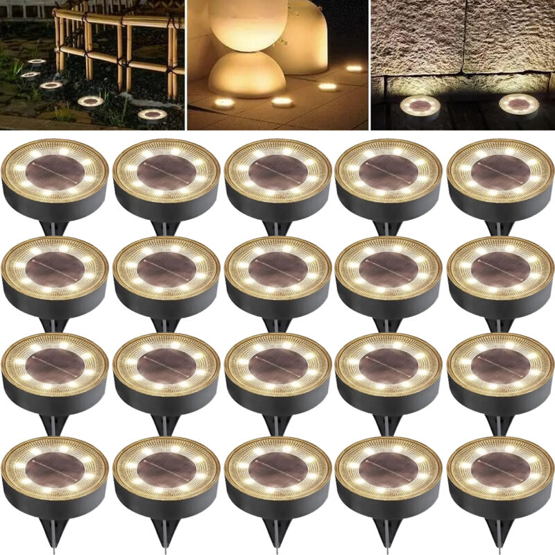 Set di 20 luci solari da esterno, 8 luci solari da giardino a LED, impermeabili IP68, bianco caldo