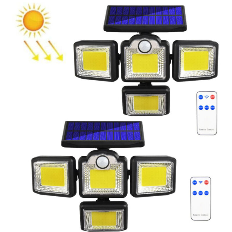 2-Piece Solar Four-Head Wall Light with Remote Control, 192 COB LEDs IP65 waterproof garden lamp