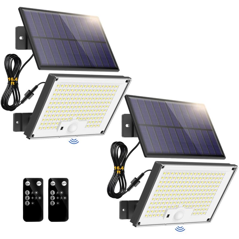 2pcs Solar Lights Outdoor with Motion Sensor 3 Modes 172LED Floodlight IP65 Waterproof with Remote Control, White Light