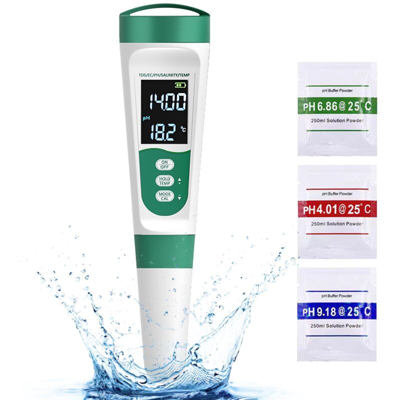 5-in-1 Water Quality Tester, High-Precision pH Meter (0-14), TDS, Conductivity, Salinity, Temperature, LED Display, Waterproof, for Swimming Pools