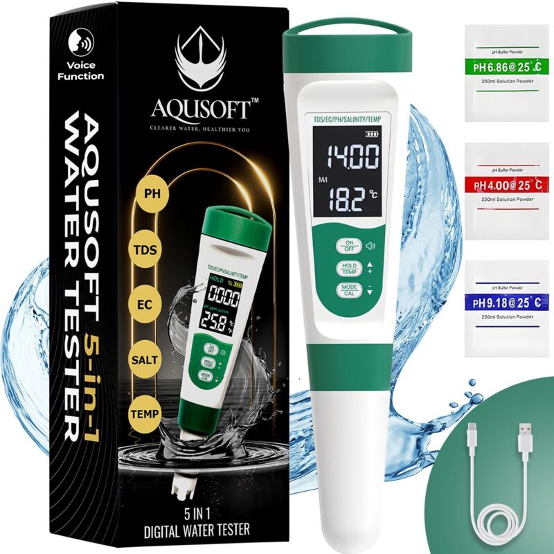 5-in-1 Digital pH Meter with Voice Function pH, TDS, Conductivity, Salinity, and Temperature Rechargeable Water Quality Tester