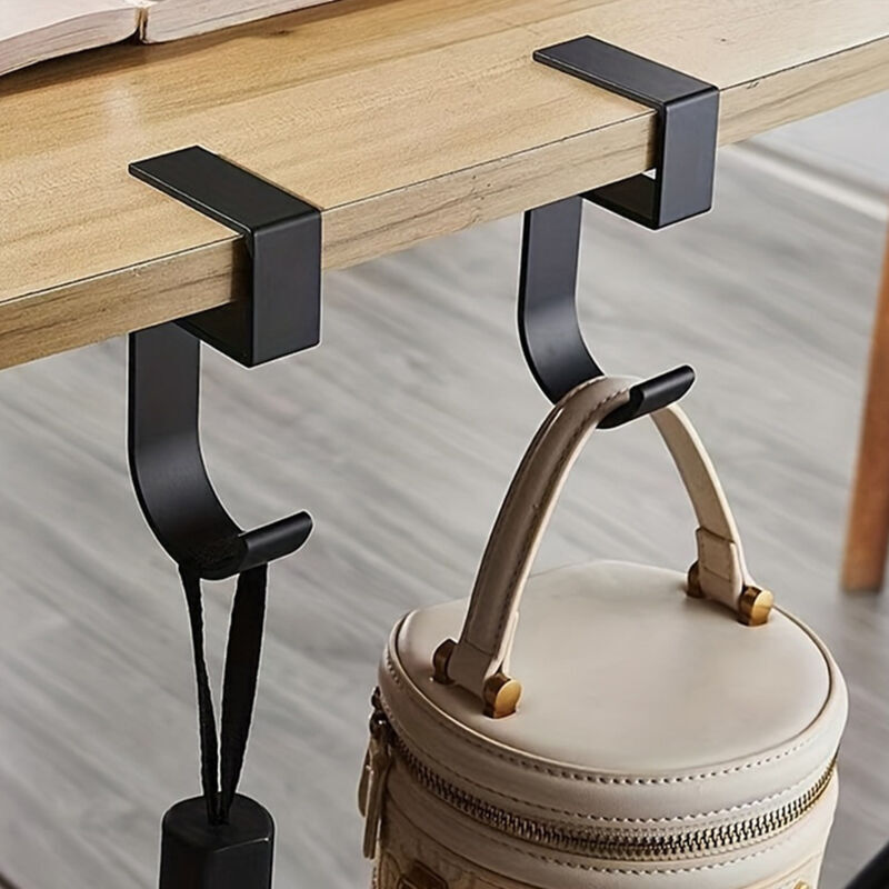 Lot de 4 crochets de bureau noirs en aluminium Space - Crochets polyvalents sans perçage pour la gestion des câbles, des sacs et des fournitures