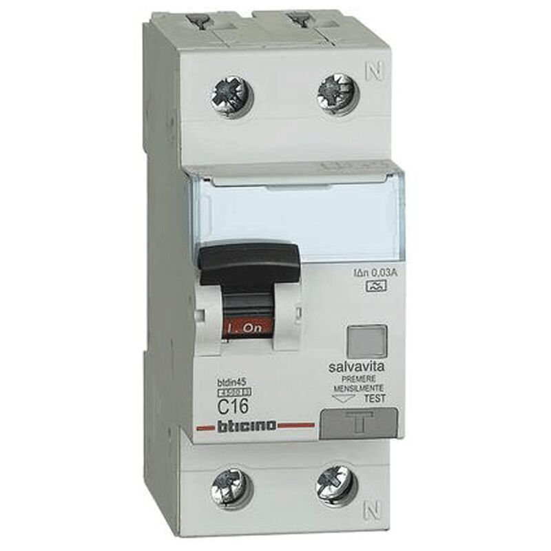 Interrupteur Magnétothermique Différentiel Bticino 1P+N 16A 30mA Type ac 4.5kA 2 Modules GA8813AC16