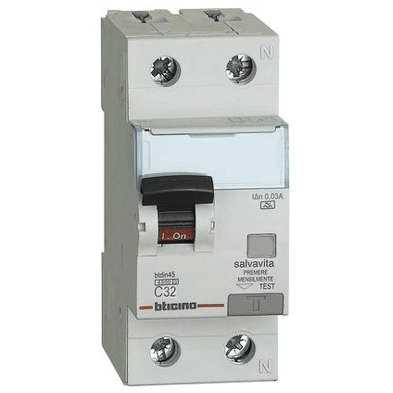 Interrupteur Magnétothermique Différentiel Bticino 1P+N 32A 30mA type a 4.5kA 2 modules GA8813A32