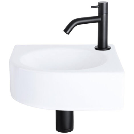 Differnz Cleo kit lave-mains - 30x30x10cm - quart de rond - 1 trou de robinet - robinet courbé noir mat - céramique blanche