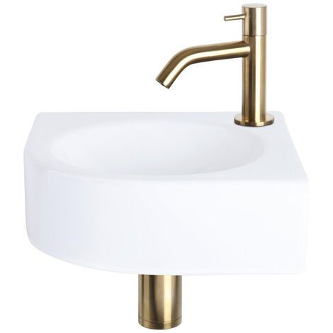 Differnz Cleo Set lave-mains 30x30x10cm 1 trou avec robinet courbé et siphon + bonde or mat Quart de rond Céramique Blanc