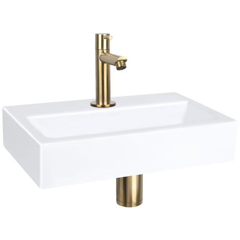 Differnz Flat kit lave-mains - 38x24x8cm - Rectangulaire - 1 trou de robinet - Robinet droit doré mat - Céramique blanche