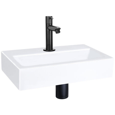 Differnz Flat kit lave-mains - 38x24x8cm - Rectangulaire - 1 trou de robinet - Robinet droit noir mat - Céramique blanche