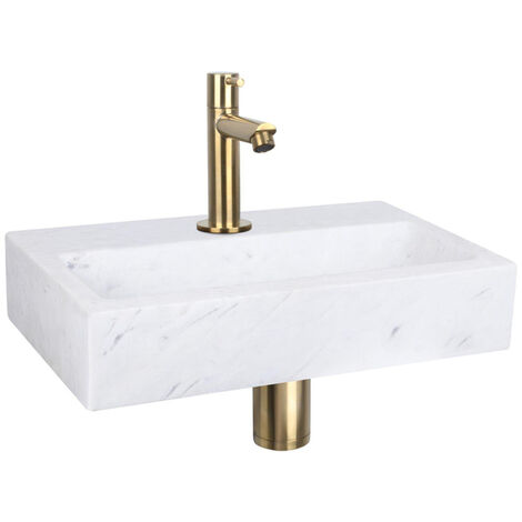 Differnz Flat Set lave-mains 38x24x8cm 1 trou avec robinet droit et siphon + bonde or mat Rectangulaire Marbre Blanc